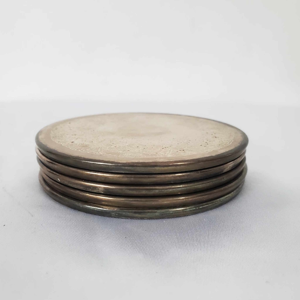 Vintage Rodd Silverplate Set of 5 Tumbler Coasters, Floral Design, Australia